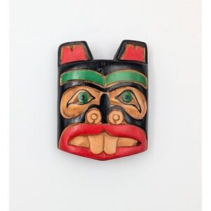 Artie George Signed Beaver Mask Brooch Carved‎ Yellow Cedar Salish First Nations
